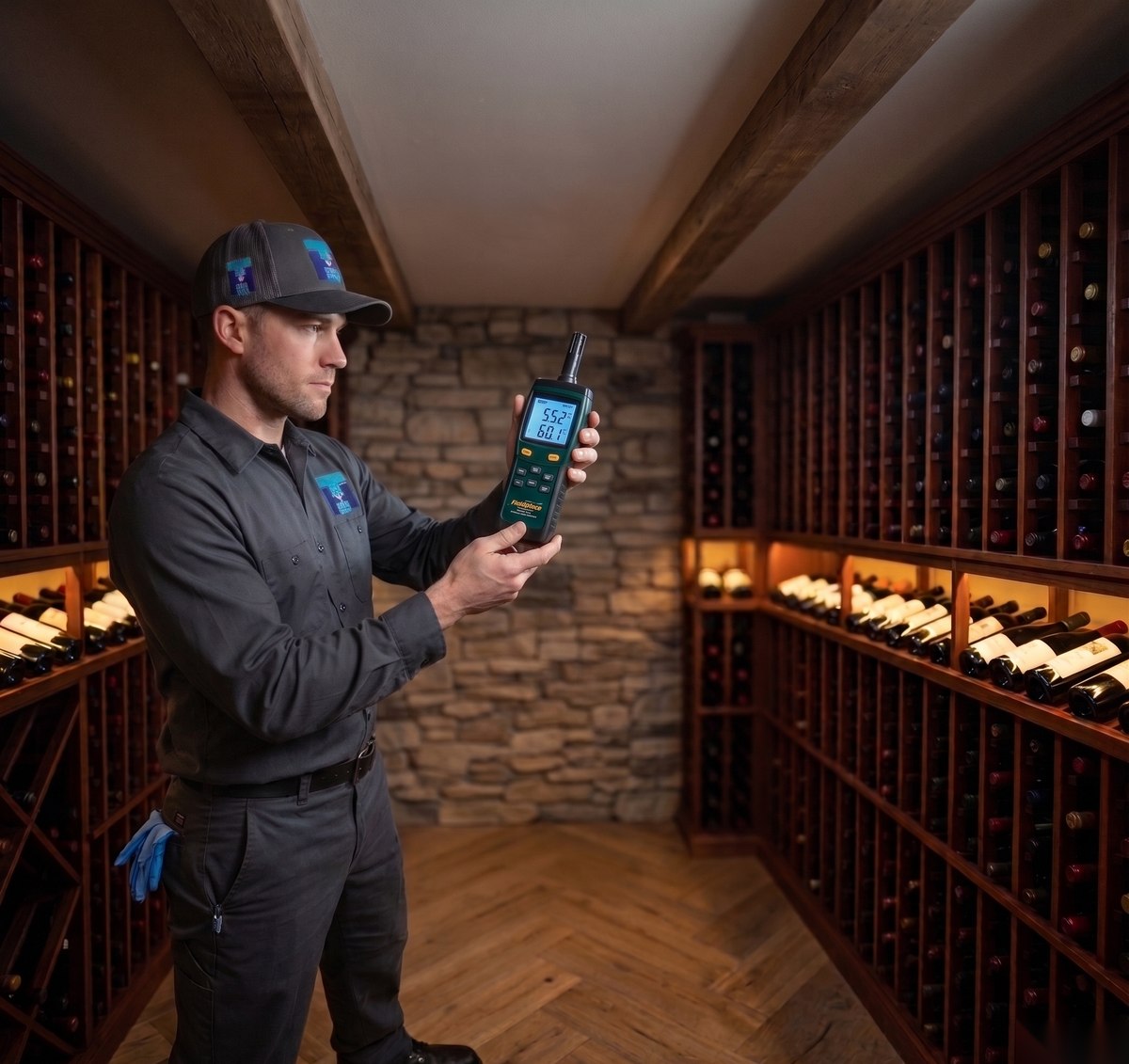 T&H Mechanical technician inside a residential wine cellar holding a digital temperature and humidity meter showing 55.2 degrees Fahrenheit and 60 percent relative humidity