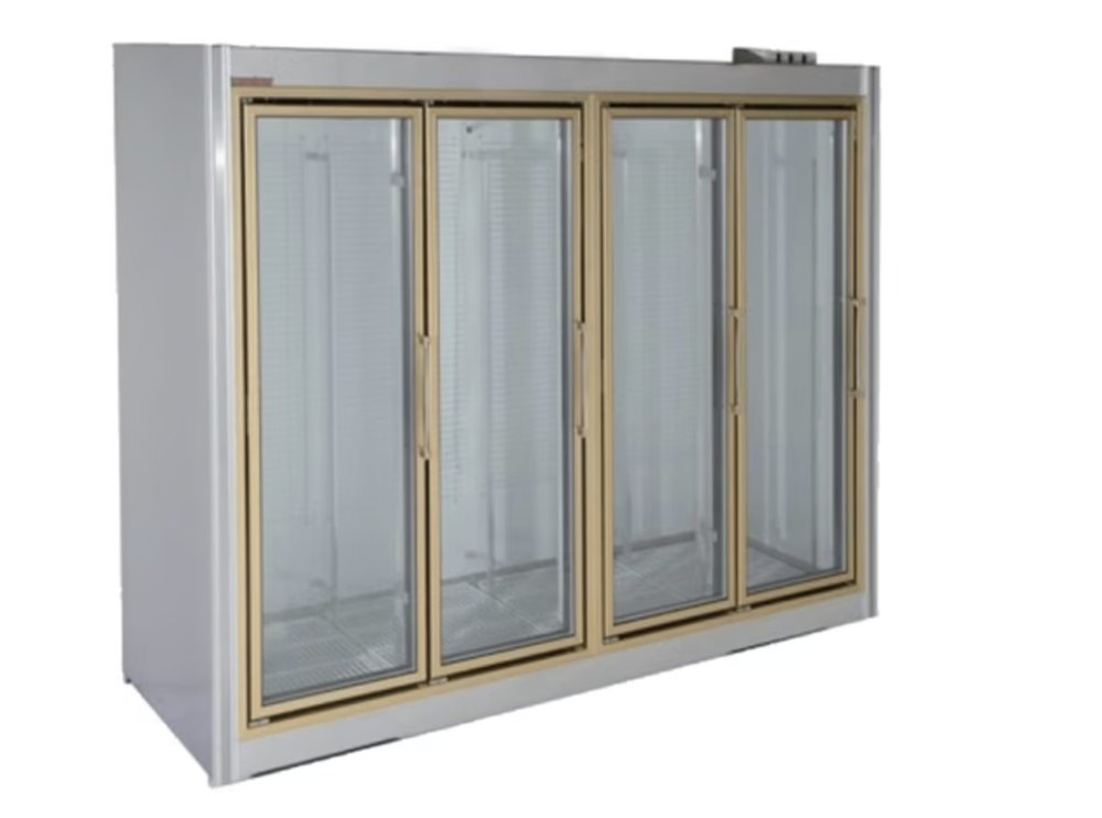 Glass-door beer merchandiser set up for a remote condensing unit