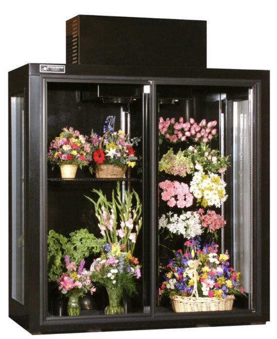 Glass-door floral reach-in display case with flowers