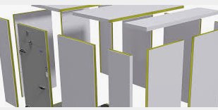 A panel cut open: two metal skins bonded to a rigid foam core.