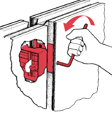 A hex wrench turns the cam-lock, drawing two panels into an airtight, vapor-tight seam.